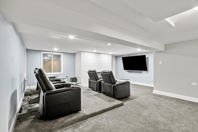 home theater room with recessed lighting, carpet, and baseboards