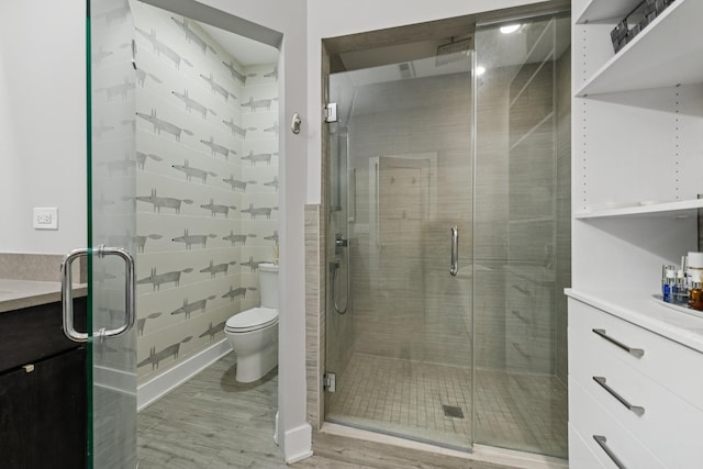 bathroom with toilet, a shower stall, and vanity