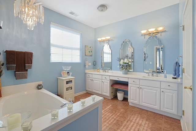 full bath with tile patterned floors, visible vents, a garden tub, a sink, and double vanity