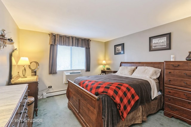 bedroom featuring carpet flooring, a wall mounted air conditioner, and a baseboard radiator