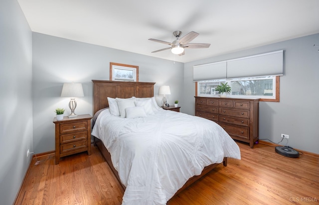 bedroom featuring light wood-type flooring, ceiling fan, and baseboards