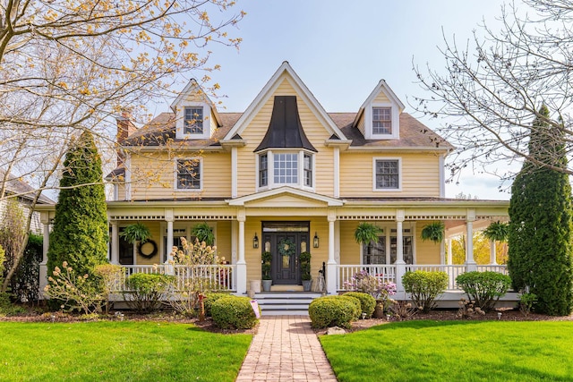 victorian house featuring covered porch and a front lawn