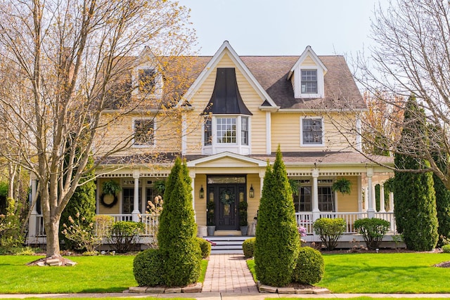 view of front of home featuring covered porch and a front lawn