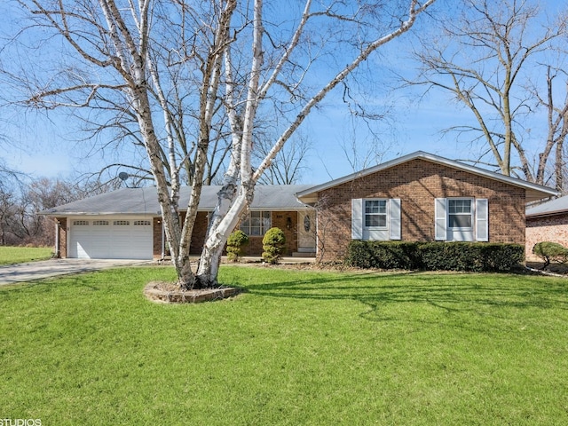 ranch-style house featuring brick siding, an attached garage, driveway, and a front lawn