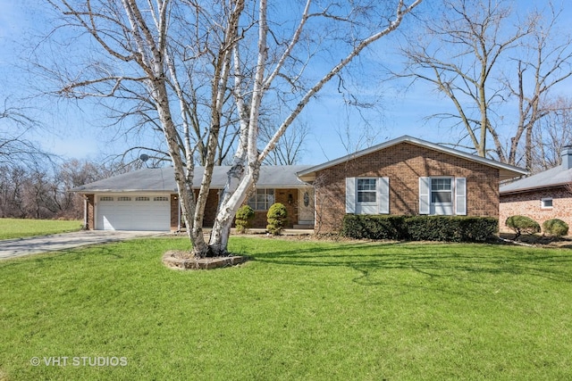 single story home featuring a garage, driveway, brick siding, and a front yard