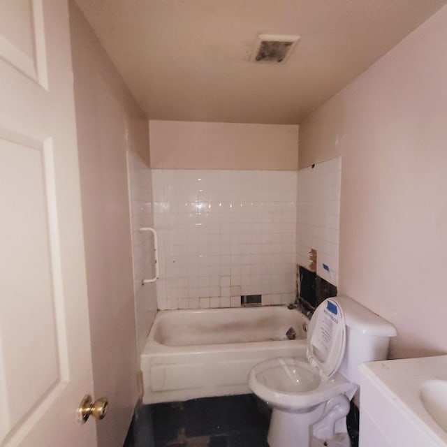 bathroom with visible vents, shower / tub combination, vanity, and toilet