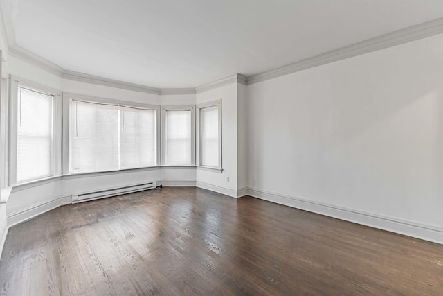 unfurnished room with baseboards, ornamental molding, baseboard heating, and wood finished floors