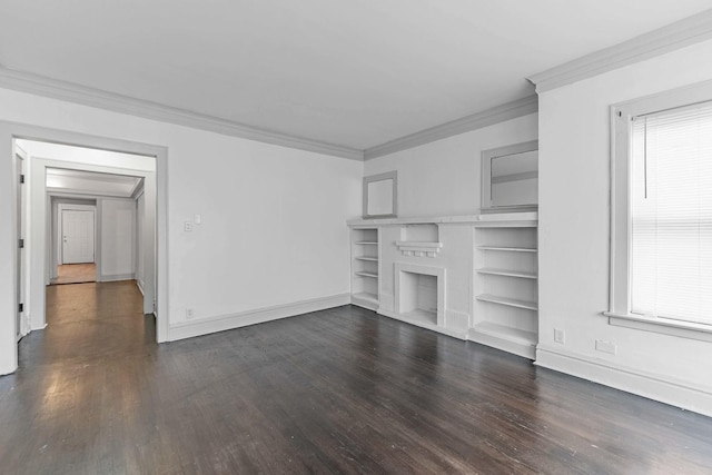 unfurnished living room featuring baseboards, dark wood-type flooring, a fireplace, and crown molding