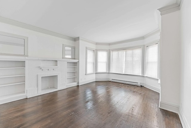 unfurnished living room featuring baseboards, ornamental molding, wood finished floors, a brick fireplace, and a baseboard heating unit