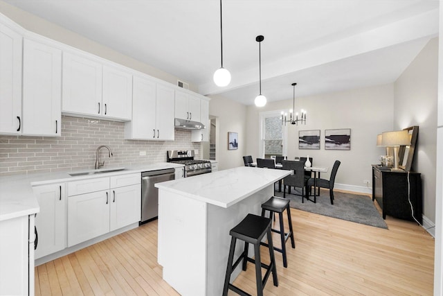 kitchen featuring visible vents, a sink, stainless steel appliances, under cabinet range hood, and backsplash