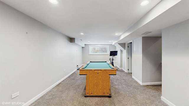 playroom featuring visible vents, recessed lighting, pool table, baseboards, and light colored carpet