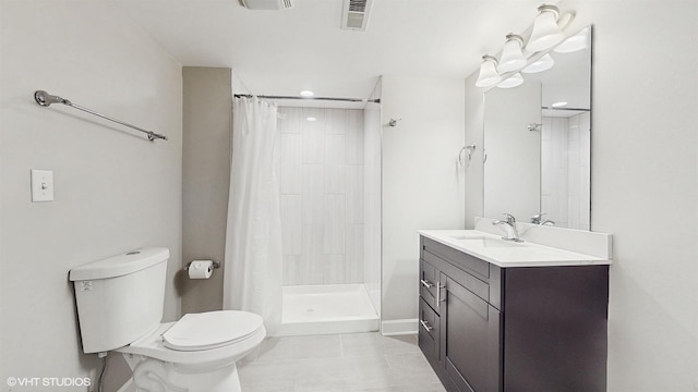 full bath featuring visible vents, toilet, a stall shower, tile patterned flooring, and vanity