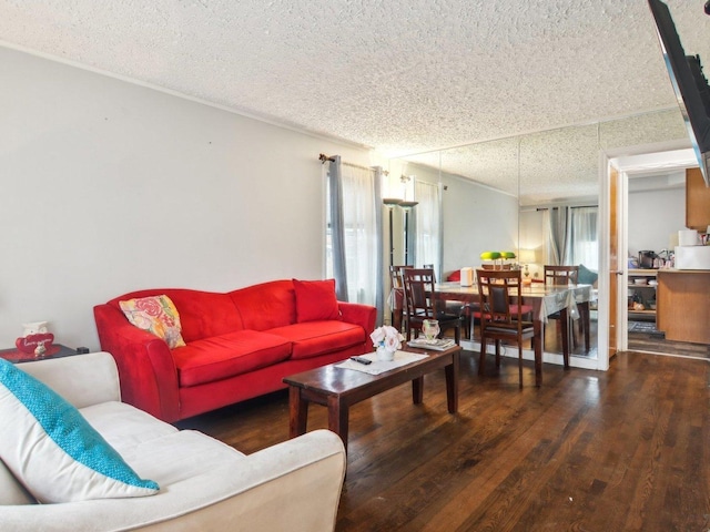 living room with a textured ceiling and wood finished floors