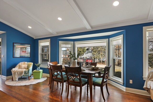 living room featuring baseboards, lofted ceiling with beams, ceiling fan, wood finished floors, and recessed lighting