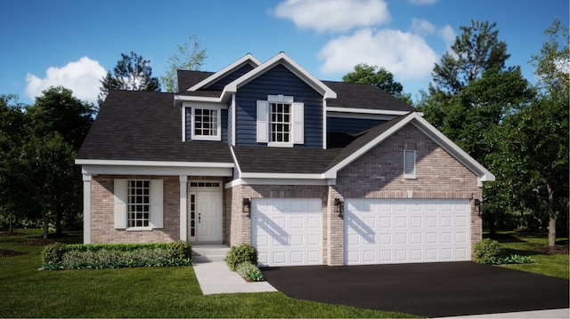 view of front of property with brick siding, roof with shingles, a front yard, a garage, and driveway