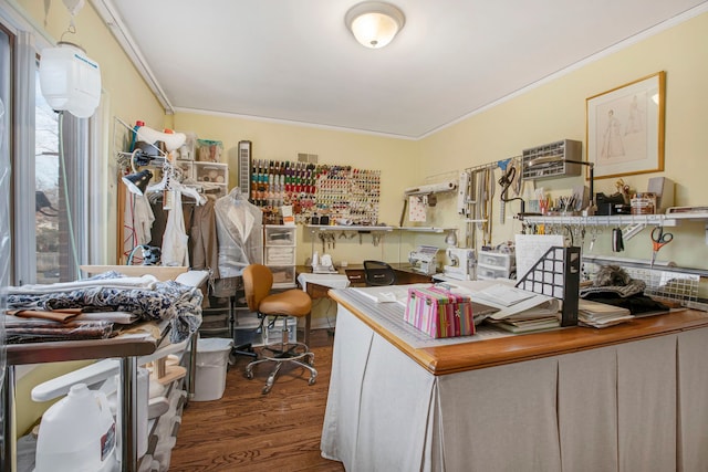 office with ornamental molding and wood finished floors