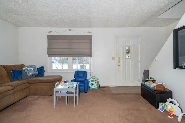 living area with carpet floors and a textured ceiling