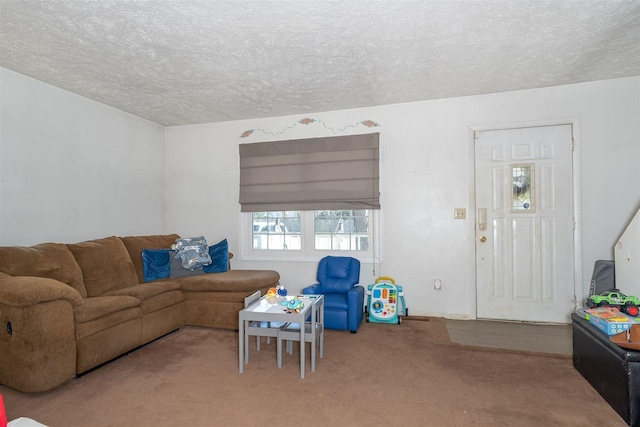 living area featuring a textured ceiling and carpet floors