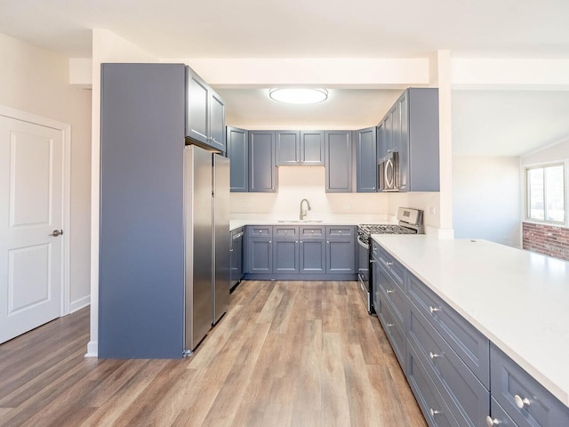 kitchen featuring gray cabinetry, appliances with stainless steel finishes, a sink, and light wood-style floors