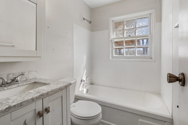 full bath with toilet, vanity, and shower / tub combination