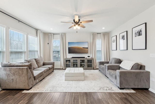 living room featuring ceiling fan, wood finished floors, and recessed lighting