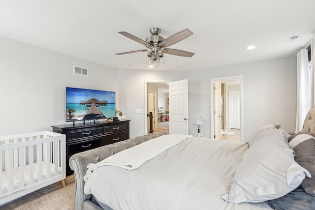 bedroom with recessed lighting, light colored carpet, visible vents, and a ceiling fan