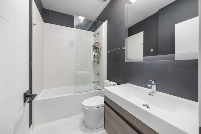 full bath featuring shower / bath combination, vanity, toilet, and tile patterned floors