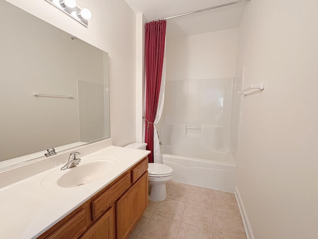 bathroom with toilet, vanity, baseboards, tile patterned floors, and shower / tub combo with curtain