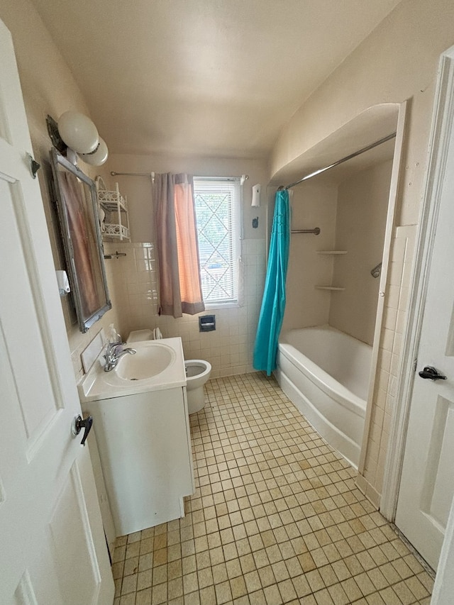 2820 W 84th St, Chicago, IL 60652 - bathroom with vanity, tile walls, shower / tub combo, and tile patterned floors