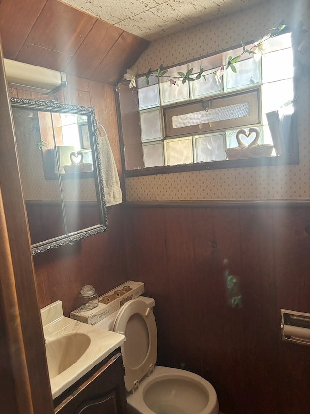 2820 W 84th St, Chicago, IL 60652 - bathroom featuring vanity, lofted ceiling, and wooden walls