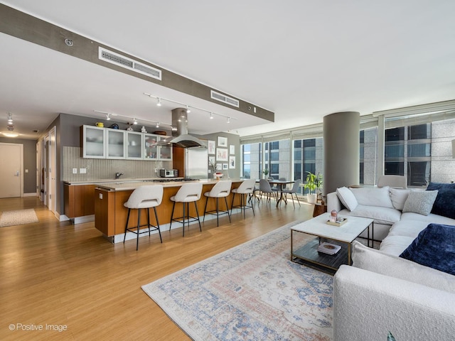 living area featuring light wood-type flooring and visible vents