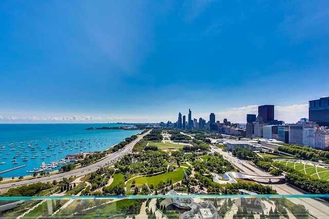 drone / aerial view featuring a view of city and a water view