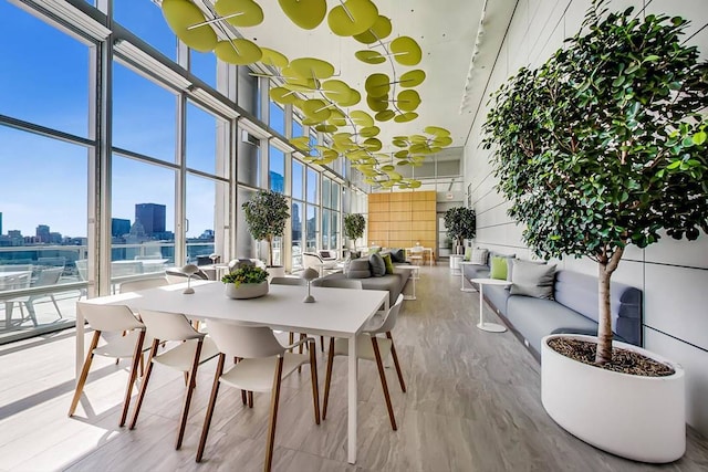 interior space featuring a high ceiling, floor to ceiling windows, a city view, and wood finished floors