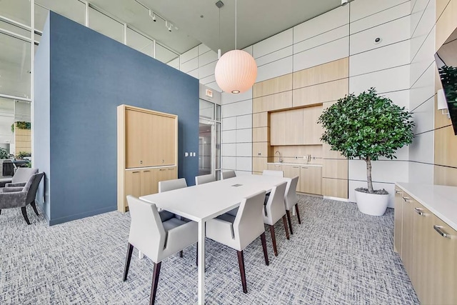 dining room with a towering ceiling and track lighting