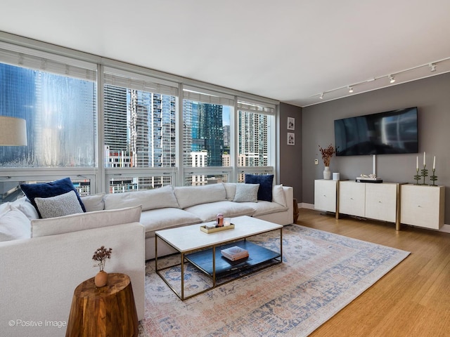 living room featuring expansive windows, baseboards, wood finished floors, and track lighting