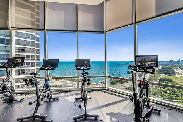 workout area featuring a water view and a wall of windows