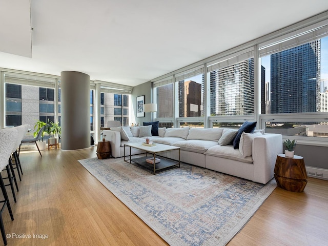 living room featuring a city view, wood finished floors, and a wall of windows