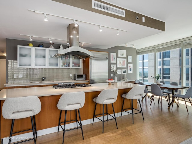 kitchen featuring island exhaust hood, stainless steel appliances, visible vents, light wood-style flooring, and decorative backsplash