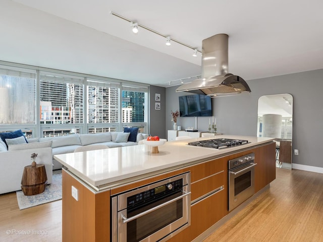 kitchen featuring light wood-style flooring, appliances with stainless steel finishes, open floor plan, a center island, and island exhaust hood