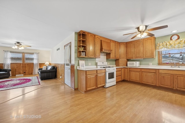 kitchen with white appliances, a sink, a healthy amount of sunlight, wainscoting, and custom range hood