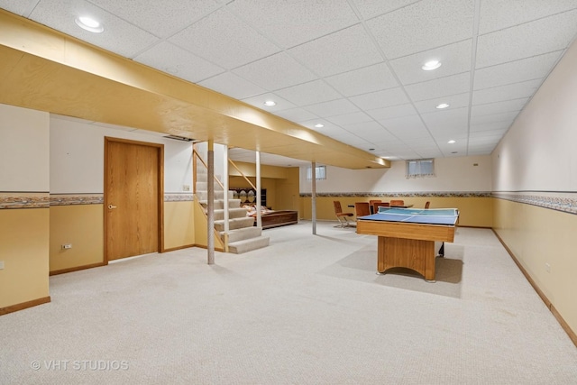 game room featuring baseboards, carpet flooring, a paneled ceiling, and recessed lighting