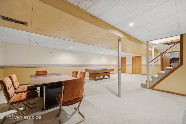 game room featuring a drop ceiling, recessed lighting, carpet flooring, visible vents, and baseboards