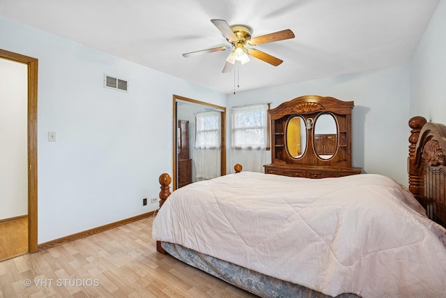 bedroom with a closet, visible vents, light wood-style flooring, ceiling fan, and baseboards