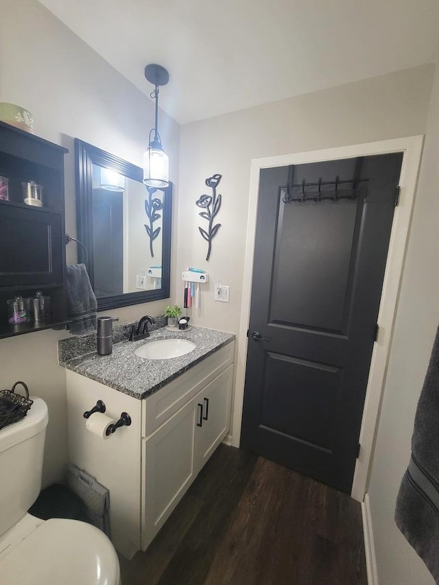 bathroom featuring toilet, vanity, and wood finished floors