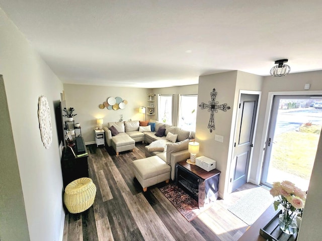 living area featuring baseboards and wood finished floors