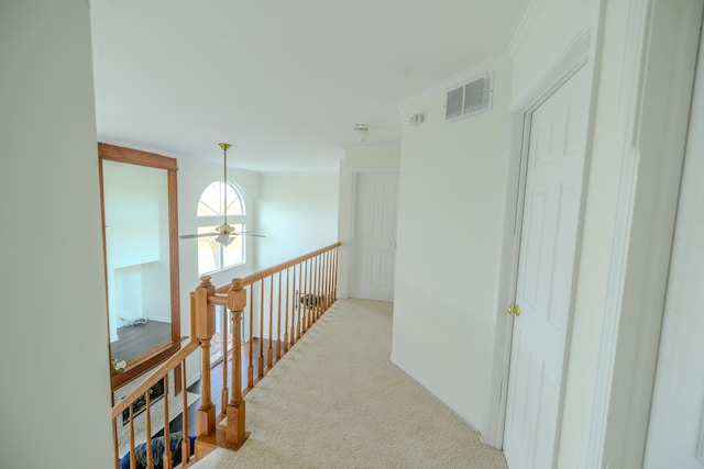 hallway featuring carpet, visible vents, and ornamental molding