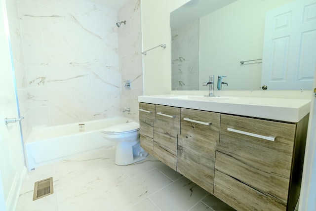 full bath with toilet, vanity, visible vents, marble finish floor, and  shower combination