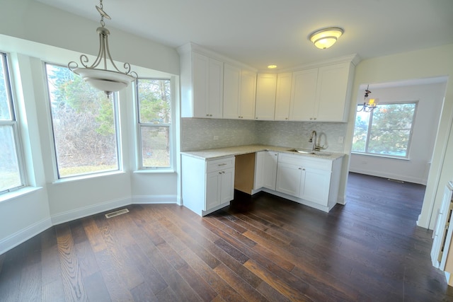 kitchen with a wealth of natural light, tasteful backsplash, visible vents, and dark wood-style flooring