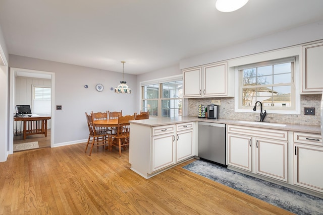 kitchen featuring decorative backsplash, stainless steel dishwasher, light wood-style floors, a sink, and a peninsula