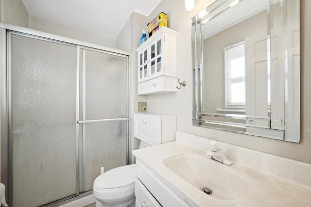 bathroom with a shower stall, toilet, and vanity